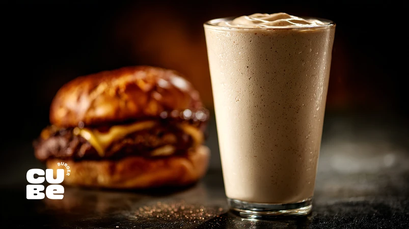 میلک‌شیک خامه‌ای استاندارد رستورانی در کنار برگر گورمه روی کانتر استیل با نورپردازی حرفه‌ای، راهنمای کامل بافت و طعم میلک‌شیک