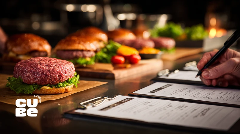 تست و انتخاب مواد اولیه برگر در آشپزخانه حرفه‌ای کیوب برگر برای تضمین کیفیت و ثبات طعم