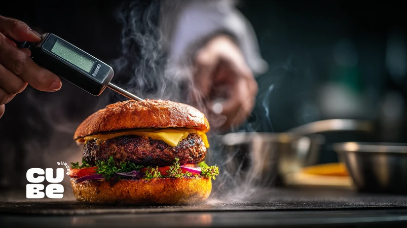 کنترل کیفیت برگر و چشیدن نهایی طعم امضایی کیوب برگر در آشپزخانه حرفه‌ای