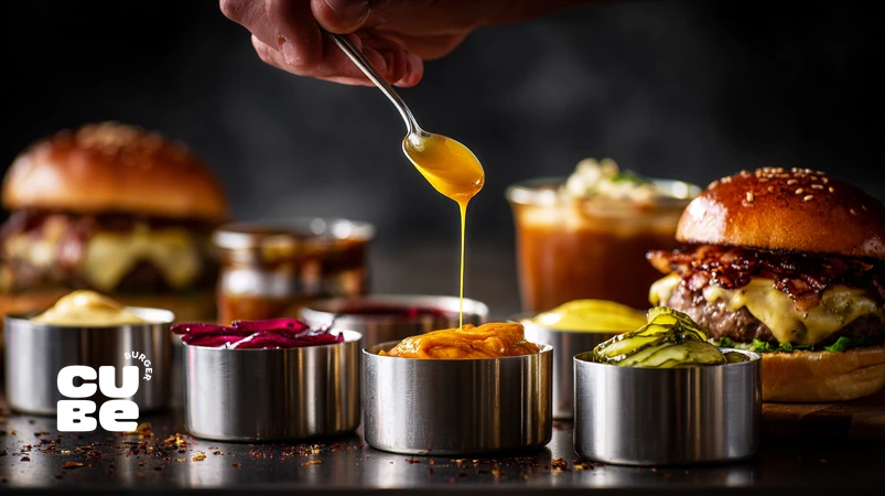 تصویر کلوزآپ یک برگر گورمه با سس‌های امضایی و سس مخفی برگر در ظروف استیل روی پس‌زمینه تیره، مناسب مقاله معروف‌ترین سس‌های رستورانی برگر