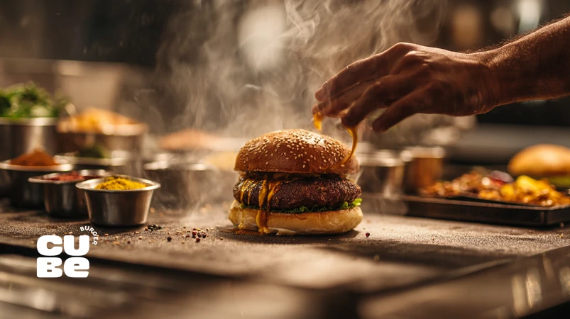 کلوزآپ برگر دست‌ساز کیوب برگر در حال لایه‌بندی روی گریل با پتی آبدار، نان تازه و سس مهندسی‌شده بر اساس فلسفه طعم