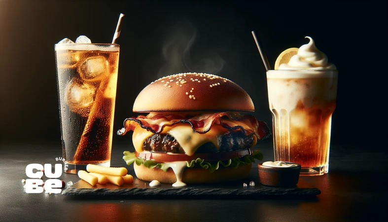کلوزآپ برگر گریل‌شده کنار سه نوشیدنی با پروفایل طعمی متفاوت برای نشان‌دادن اثر نوشیدنی بر تجربه طعم برگر