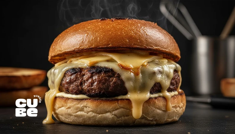 کلوزآپ برگر سبک اروپایی با پتی سیرینگ‌شده، پنیر ذوب‌شده و لایه‌بندی مینیمال برای توضیح ساختار و تعادل طعمی برگر اروپایی