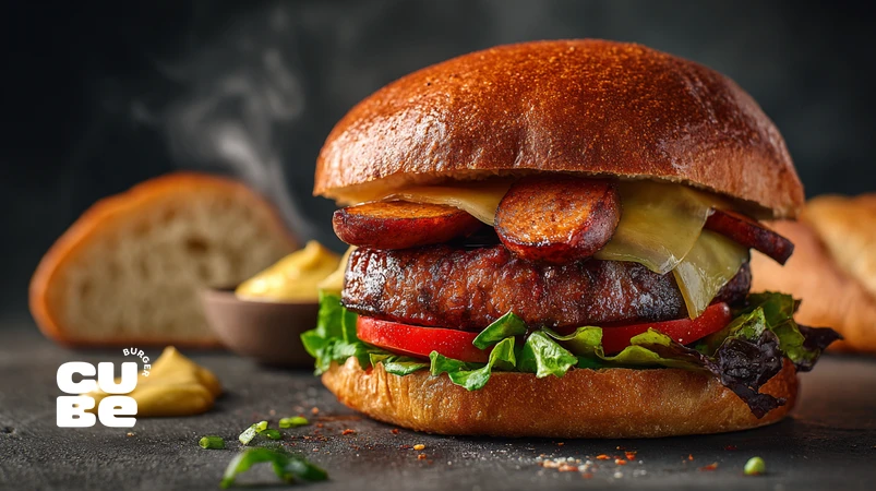 برگر الهام‌گرفته از فست‌فود اروپایی با نان بریوش، سوسیس آلمانی و نان بگت روی پس‌زمینه تیره، نمایانگر فرهنگ سوسیس و ساندویچ اروپایی در طراحی برگر