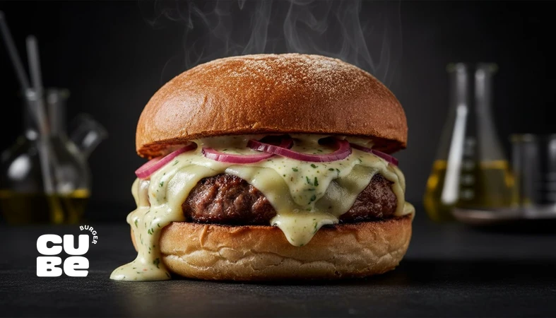 نمای نزدیک برگر سبک اروپایی با نان برشته و پنیر ذوب‌شده؛ تصویر مرتبط با فست فود اروپایی و غذای سریع با کیفیت