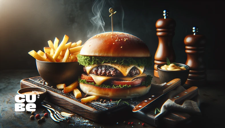 روانشناسی فست فود و جذابیت برگر آبدار با سیب زمینی سرخ کرده ترد در کنار هم روی پس‌زمینه تیره