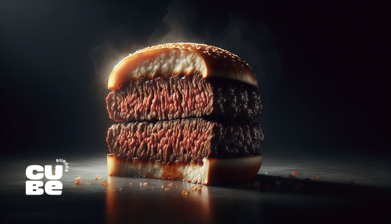 کلوزآپ پتی برگر آبدار با توزیع دقیق چربی و پوسته مایارد برای مقاله نقش چربی در طعم پتی برگر