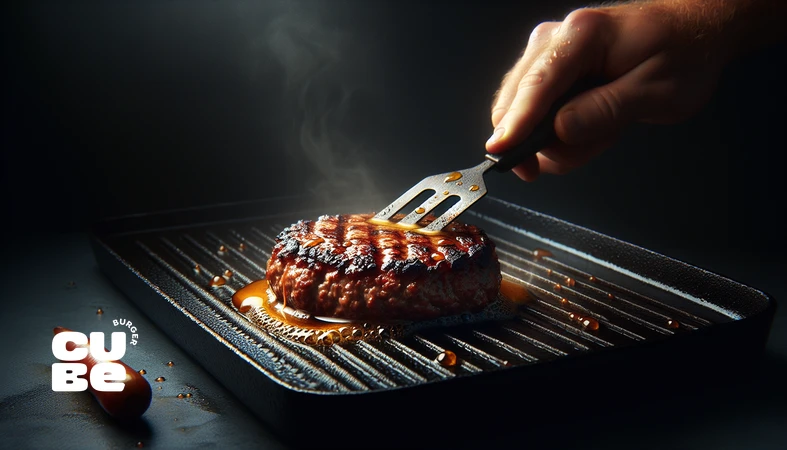 پخت برگر روی فلت‌تاپ چدنی با حرارت یکنواخت برای ساخت کراست پتی طلایی و یکدست