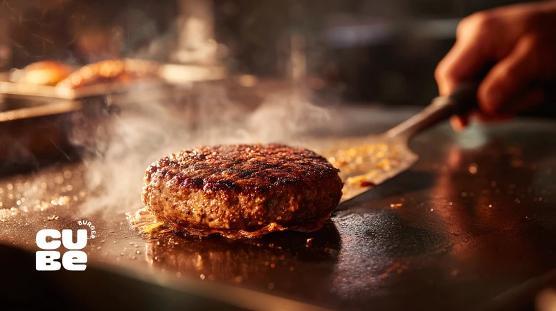 برگر گوشتی در حال پخت روی فلت‌تاپ استیل با پوسته طلایی ترد و مرکز آبدار، با لایه نازک روغن و بخار ملایم برای آموزش تکنیک پخت برگر روی فلت‌تاپ