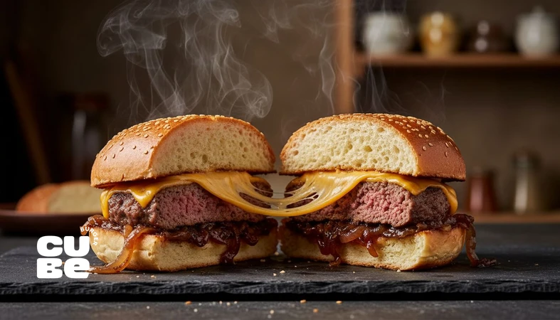 نمای نزدیک از برگر با پنیر ذوب‌شده و بخار گرم برای نمایش پیوند طعم و خاطره و اثر پروست در نوستالژی غذایی