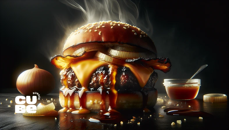 کلوزآپ برگر گرم با بخار و پنیر ذوب‌شده برای نمایش ادراک طعم، بو و طعم و مسیر retronasal در flavor برگر