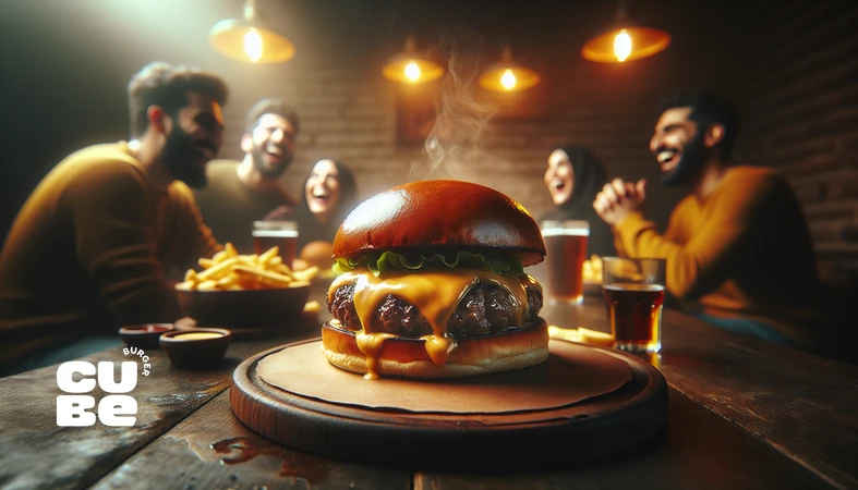 نوستالژی غذایی و خاطره برگر؛ تصویر برگر دست‌ساز با نان برشته و بخار گرم در فضایی شهری و دوستانه