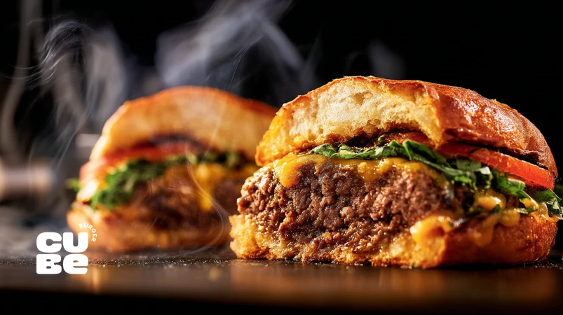 کلوزآپ برگر دست‌ساز با نمایش بافت پتی، نان تست‌شده، پنیر آب‌شده و بخار داغ برای توضیح چهار عنصر طعم در برگرسازی