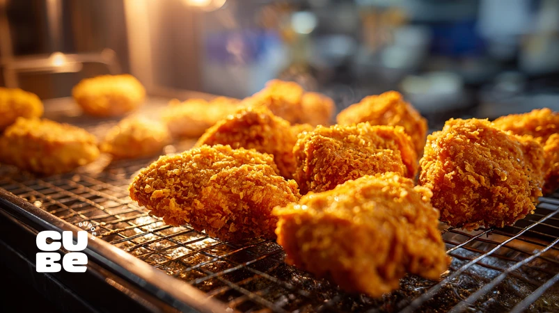 راهنمای عیب‌یابی اشتباهات رایج در سوخاری کردن مرغ با نمایش تکه‌های مرغ سوخاری ترد و طلایی در کنار نمونه‌های خمیر و کم‌رنگ