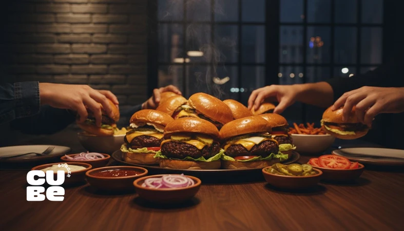 دورهمی دوستانه با برگر و ایستگاه تاپینگ؛ تصویر غذای مناسب مهمانی و سرو حرفه‌ای برگر