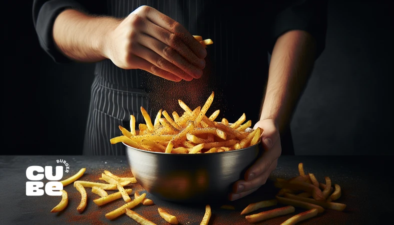 کلوزآپ فرایز ادویه‌دار با ادویه‌زنی صحیح برای جلوگیری از تلخی و سوختگی ادویه روی سیب‌زمینی سرخ‌کرده