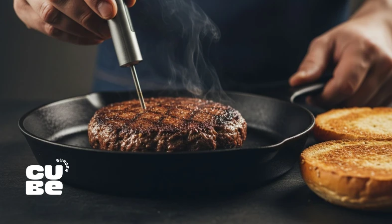 کنترل دما در پخت پتی برای طرز تهیه برگر حرفه‌ای و برگر خانگی استاندارد با پوسته مایارد روی تابه چدنی