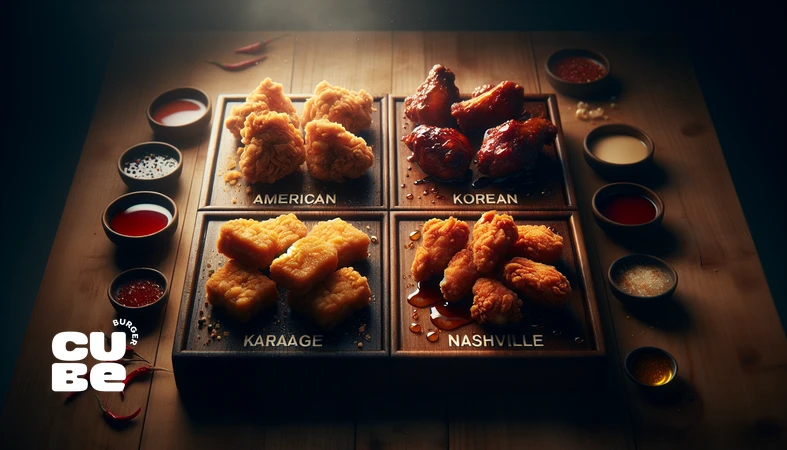 نمای نزدیک از انواع مرغ سوخاری در جهان با تفاوت بافت و طعم؛ سبک آمریکایی، مرغ سوخاری کره‌ای، کرااگه و مدل تند