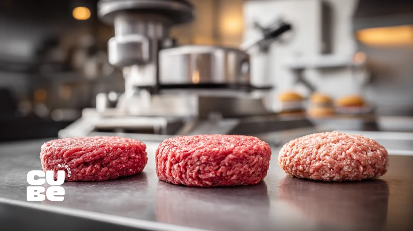 comparison of fine, medium and coarse grind size in raw burger patties showing meat texture, fat distribution and impact on burger patty texture and juiciness