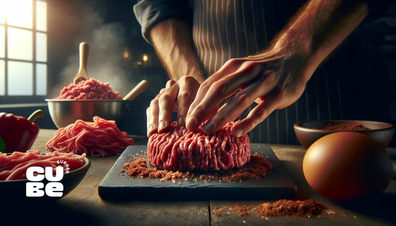 کلوزآپ گوشت چرخ‌کرده مناسب برگر و شکل‌دهی پتی آبدار با بافت دانه‌دار و چربی متعادل