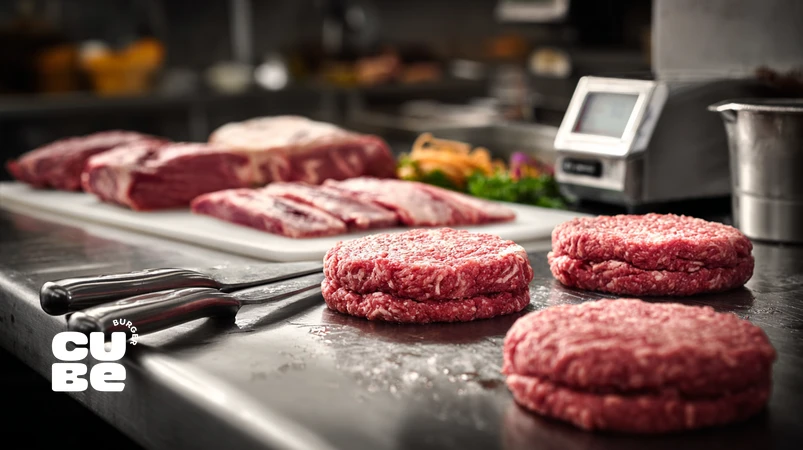fresh marbled ground beef for burger patty on cutting board with beef cuts, showing ideal fat ratio and structure for گوشت چرخ‌کرده برگر حرفه‌ای