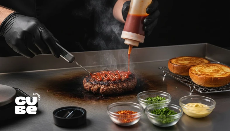کلوزآپ برگر دست‌ساز با دست سرآشپز و ترمومتر؛ نمایش فلسفه کنترل دما، زمان و مونتاژ در مهندسی طعم برگر