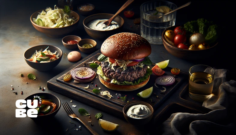 سینی برگر سالم با سالاد کلم سبک، سبزیجات گریل‌شده، دیپ ماستی و آب طعم‌دار لیمو و نعنا، به‌عنوان جایگزین‌های سالم کنار برگر