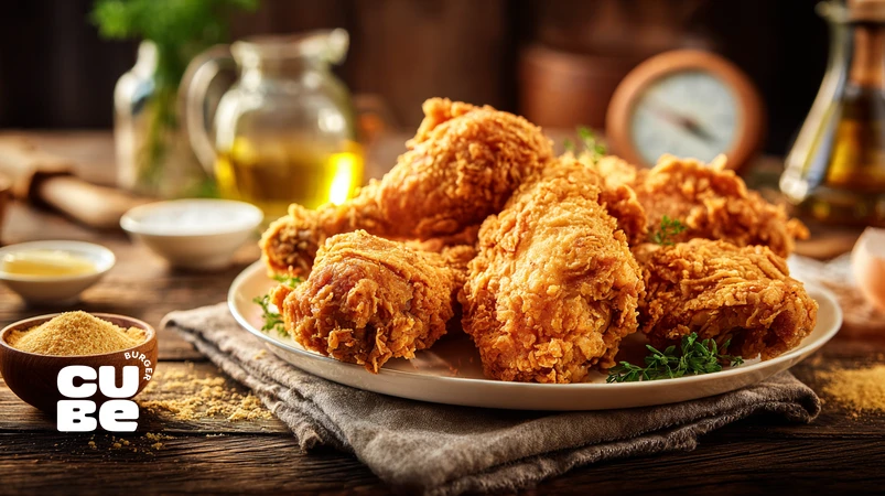 crispy golden low-oil fried chicken on a plate, showing healthy frying techniques with light, non-greasy crunchy coating