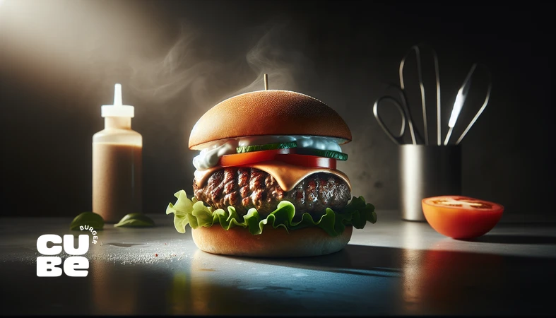 برگر پرپروتئین ورزشی با پتی کم‌چرب و نان سبوس‌دار روی پس‌زمینه تیره، مناسب عضله‌سازی و سبک زندگی فعال