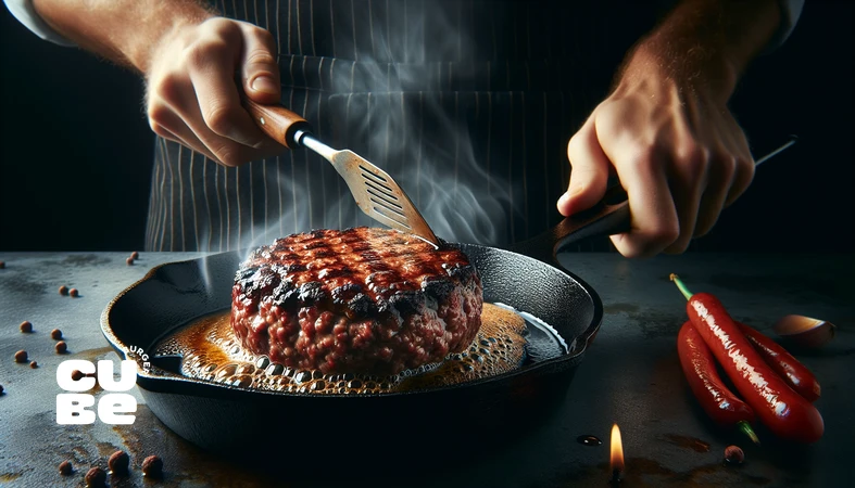 برگر خانگی در تابه با کراست پتی طلایی و حرفه‌ای روی تابه چدن، مناسب برای پخت برگر بدون گریل