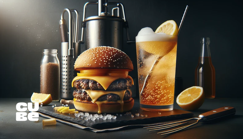 کلوزآپ برگر و نوشابه دست‌ساز گازدار با مرکبات؛ نمایش نقش گاز، اسیدیته و شیرینی برای تازه‌کردن طعم کنار برگر