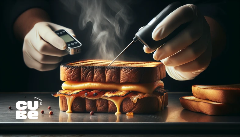 کلوزآپ ساندویچ گرم با بخار، پنیر ذوب‌شده و اندازه‌گیری دما؛ آموزش مدیریت دما برای جلوگیری از خیس شدن نان و حفظ بافت و طعم