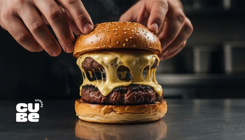 کلوزآپ دست سرآشپز هنگام آماده‌سازی برگر با پنیر ذوب‌شده؛ نماد ساخت وفاداری با ثبات تجربه و اعتماد در کیوب برگر