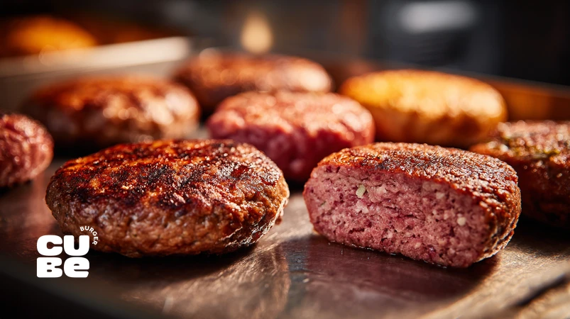 نمای نزدیک از پتی برگر حرفه‌ای با توزیع چربی (marbling)، بافت فیبری و سطح قهوه‌ای مایارد برای آموزش ساخت پتی ایده‌آل