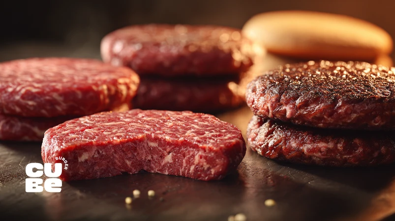 comparison of burger patties with different fat percentages showing marbling and a juicy cooked patty interior for explaining ideal fat percentage for a juicy burger patty