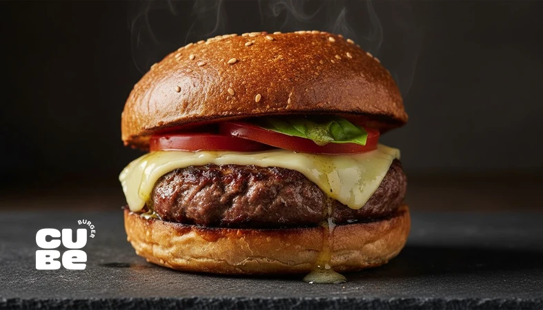 کلوزآپ برگر مینیمال با الهام از غذای روزمره ایتالیا؛ نان تست‌شده، پتی آبدار، پنیر ذوب‌شده و ریحان، مناسب موضوع مینیمالیسم در آشپزی و برگر ساده و حرفه‌ای