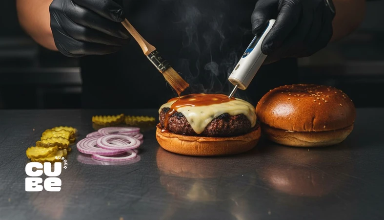 آماده‌سازی برگر به سبک فست فود ژاپنی با نظم آشپزخانه، کنترل دما و مینیمالیسم طعم