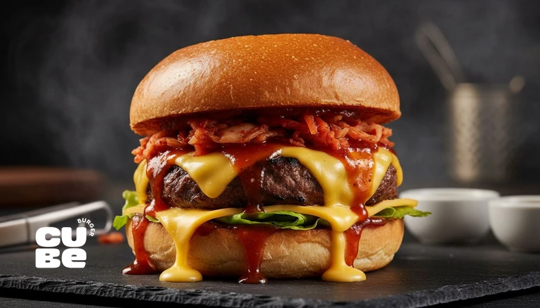 نمای نزدیک از برگر الهام‌گرفته از فست فود کره‌ای با سس کره‌ای تند و شیرین، تاپینگ تخمیری و طعم لایه‌لایه