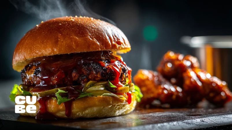 برگر الهام‌گرفته از فست‌فود کره‌ای با سس تند گوچوجانگ و مرغ سوخاری ترد در سبک خیابانی مدرن