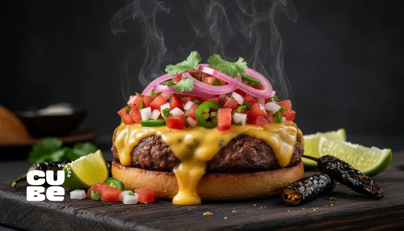 کلوزآپ تاپینگ‌های تازه و سس مرکباتی الهام‌گرفته از غذای خیابانی آمریکای لاتین برای طراحی برگر با اسیدیته و رنگ
