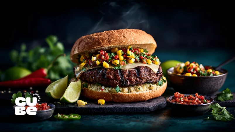 برگر الهام‌گرفته از فست‌فود آمریکای لاتین با سالسا تند، ذرت و نان گریل‌شده روی پس‌زمینه تیره و فضایی شبیه استریت‌فود شهری ایران و لاتین برای مقاله فست‌فود آمریکای لاتین