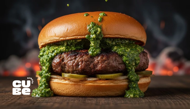 کلوزآپ برگر لاتین با پتی گریل‌شده روی آتش و سس سبز تازه؛ مناسب مقاله برگرهای لاتین، آتش و طعم‌های پررنگ