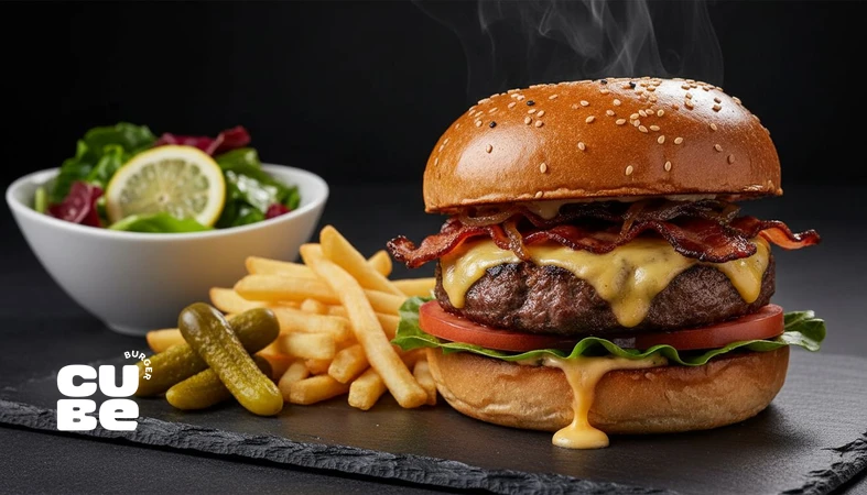 سایدهای سبک کنار برگر شامل سالاد با چاشنی لیمویی و مقدار کم سیب‌زمینی برای خوردن بدون احساس سنگینی