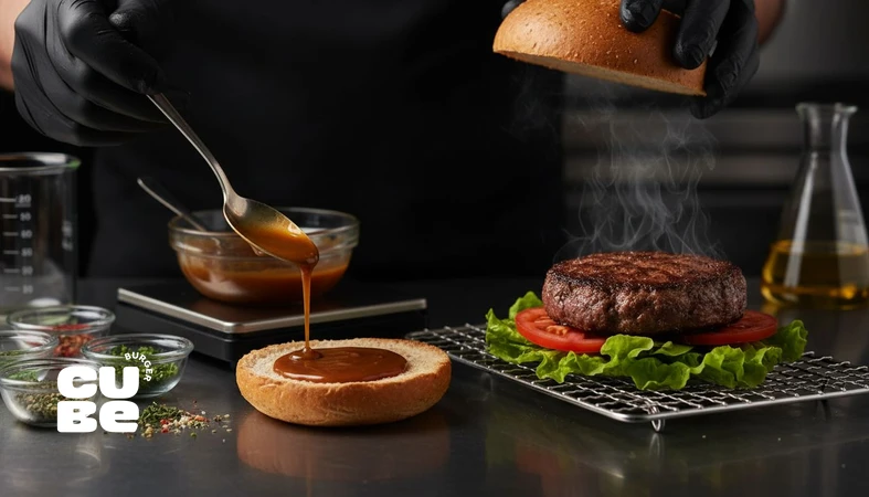 نمای نزدیک از برگر کم کالری خوشمزه با پتی پرطعم و سس کم‌کالری در فضای آشپزخانه حرفه‌ای؛ مناسب مقاله کاهش کالری بدون افت طعم