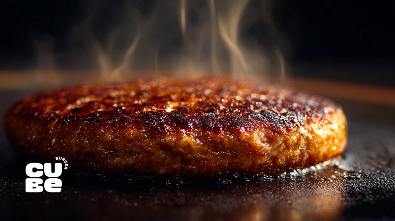 کلوزآپ واکنش مایارد در برگر با کراست طلایی و طعم کاراملی گوشت روی فلت‌تاپ داغ