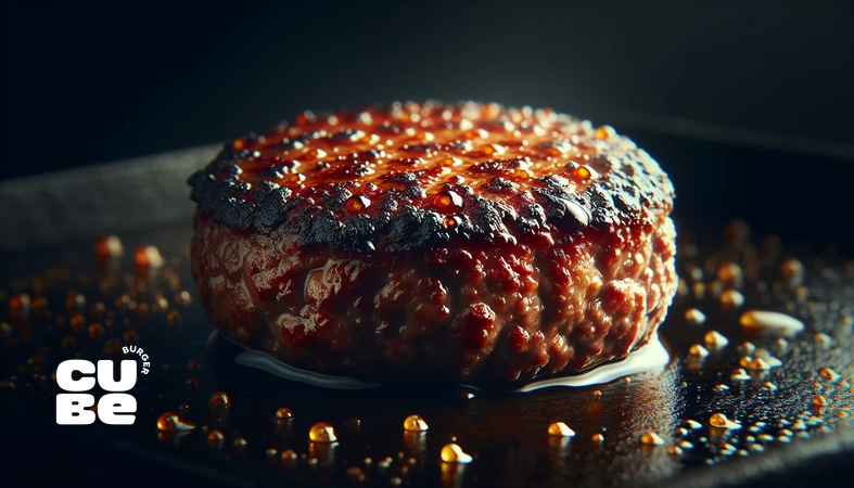 کلوزآپ پتی برگر در حال ایجاد کراست طعمی با واکنش مایلارد و قهوه‌ای شدن سطح روی چدن