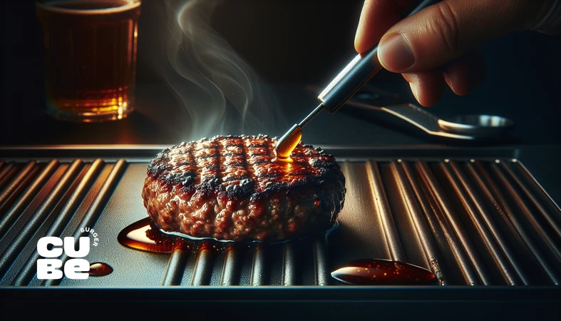 کلوزآپ پتی برگر با پوسته مایارد و چربی رندرشده؛ نمایش عمق طعم گوشت، قهوه‌ای‌شدن و اهمیت استراحت پتی