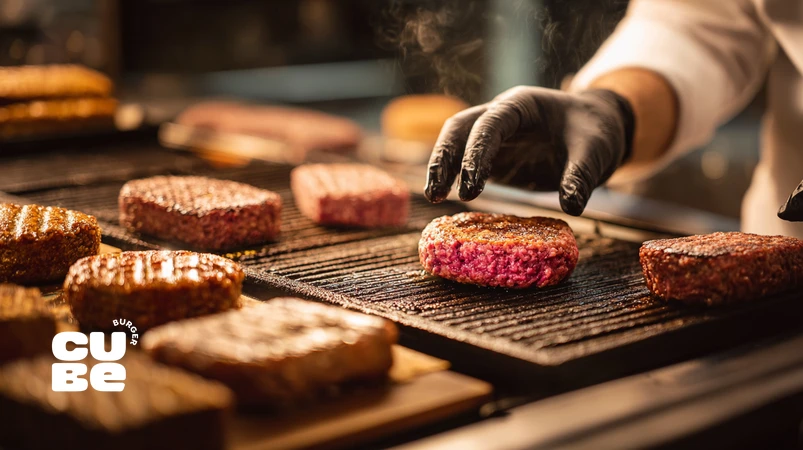 کلوزآپ تخصصی از پتی برگر دست‌ساز با بافت گوشت و درصد چربی مختلف روی گریل برای بررسی طعم گوشت برگر