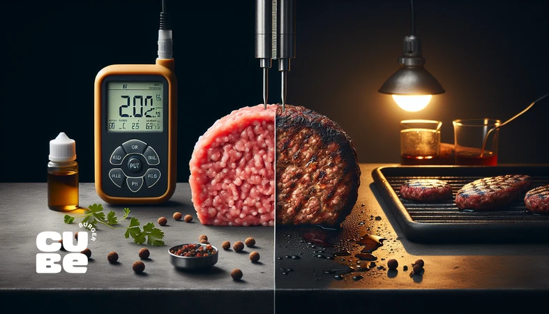 close-up of raw and grilled beef burger patties with a pH meter in a professional kitchen showing the role of meat pH in burger juiciness and quality