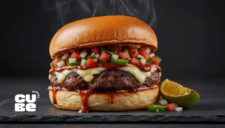 کلوزآپ برگر تند با سس مکزیکی، اسیدیته لیمو و ادویه دودی؛ مناسب مقاله غذای خیابانی مکزیک و اسیدیته در طعم